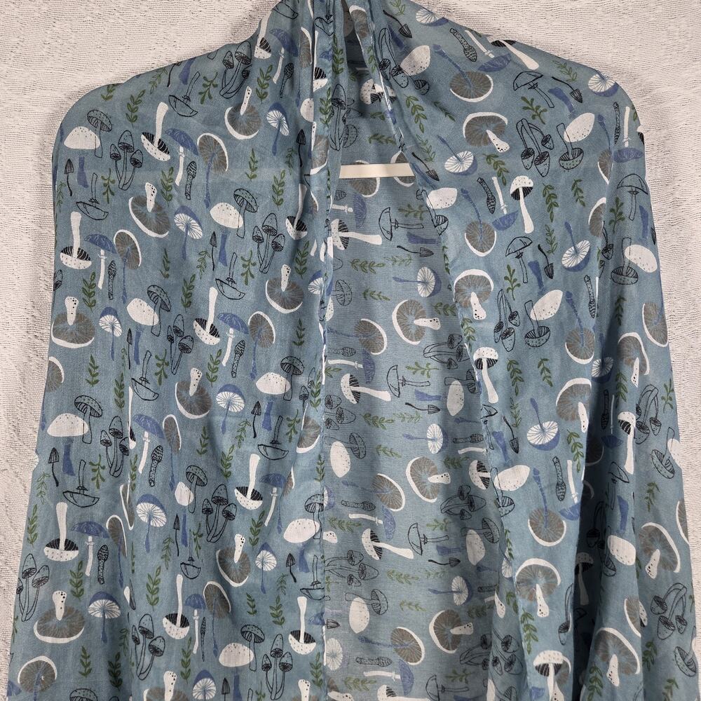 Peony Mushroom Print Blue Rectangle Scarf Boho Whimsy Nature Lightweight Cute - Picture 2 of 7